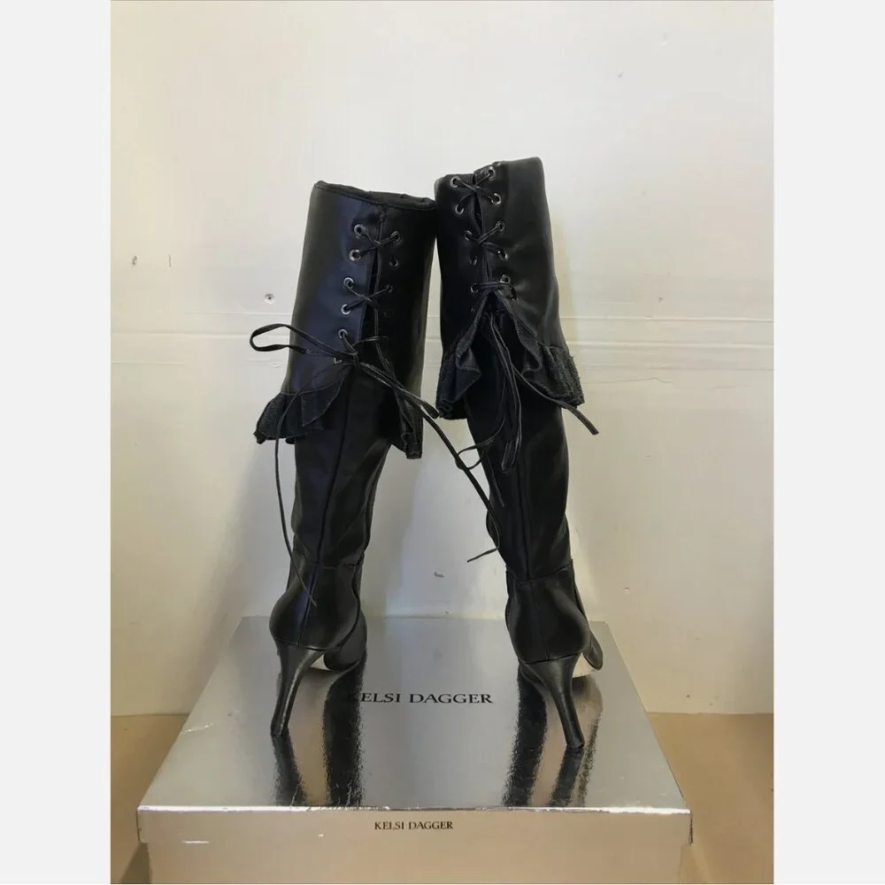 Kelsi Dagger Sophia Black Leather Over Knee Ruffle Boots